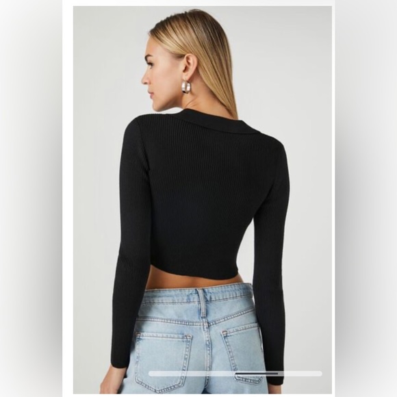 FOREVER 21 Black Ribbed Cropped Cardigan Collared Shirt Sweater Top Casual Sz M - Picture 3 of 10